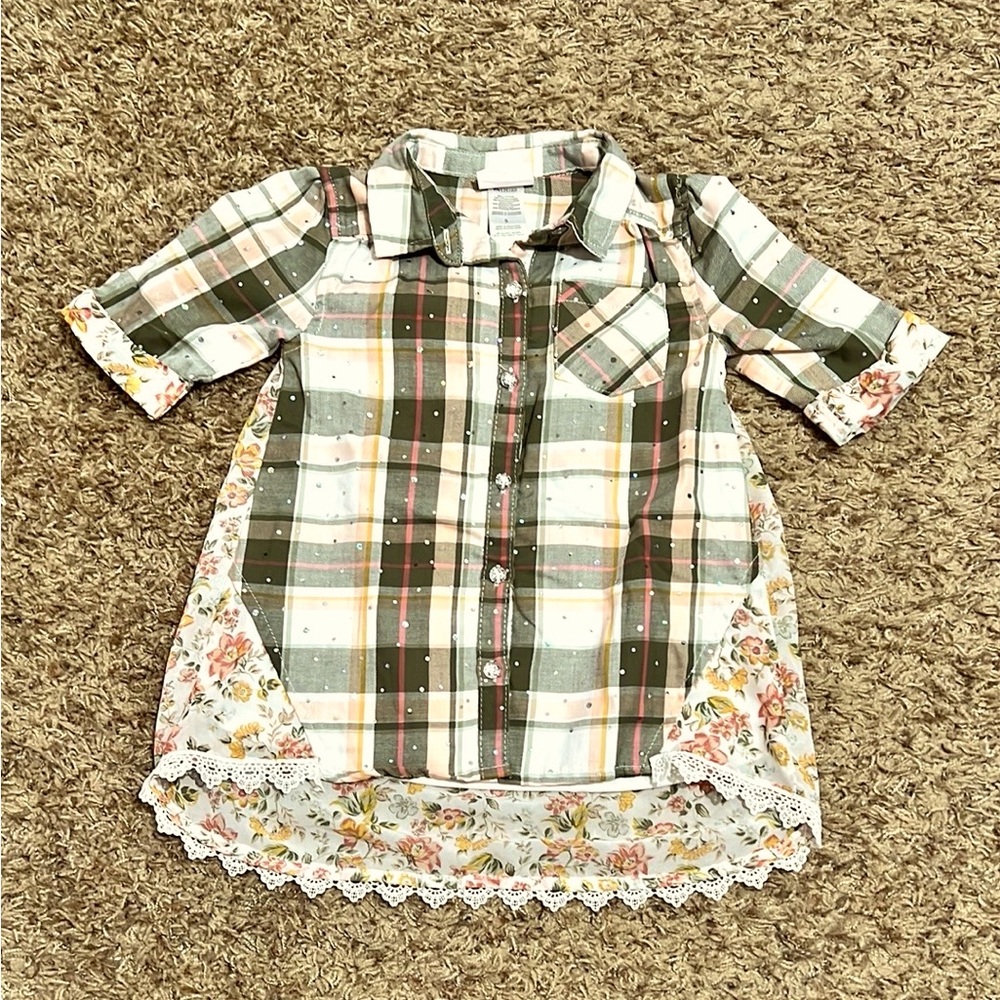 [Little Lass] Boho Mix Media Floral Print Little Girl Blouse Hi-Lo Size 5